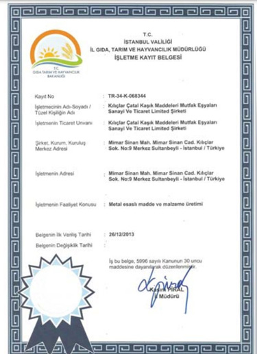 Gıda, Tarım Ve Hayvancılık Müdürlüğü Mutfak Eşyaları Üretim Belgesi